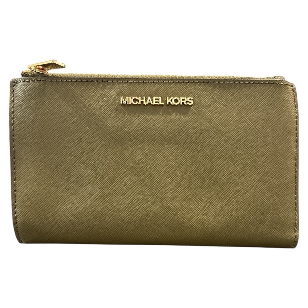 Michael Kors Jet Set Travel Double Zip Leather Wristlet Wallet Green NWOT